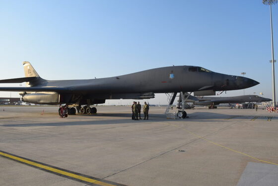 U.S. Air Force B-1B Lancers, assigned to the 34th Expeditionary Bomb Squadron, sit on the airfield in Bengaluru, India, Feb. 15, 2023. The B-1s are in India supporting Aero India 23. The weeklong biennial exhibition is Asia’s largest aviation event and hosts government delegations and corporate executives from 26 countries. The U.S. military is participating in Aero India by providing aerial demonstrations and static aircraft to strengthen its partnership with India while furthering military-to-military relationships. (Courtesy photo)