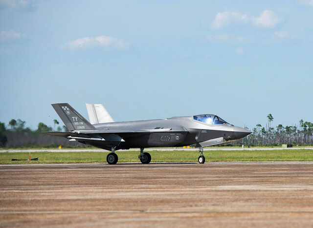 A U.S. Air Force F-35A Lightning II taxis at Tyndall Air Force Base, Florida, Aug. 1, 2023. As Tyndall transitions to the new mission, the 325th Fighter Wing will fill National Defense Strategy objectives to deter strategic attacks and aggression presented by adversaries, defend the homeland and prepare for conflict if necessary. (U.S. Air Force photo by Staff Sgt. Stefan Alvarez)