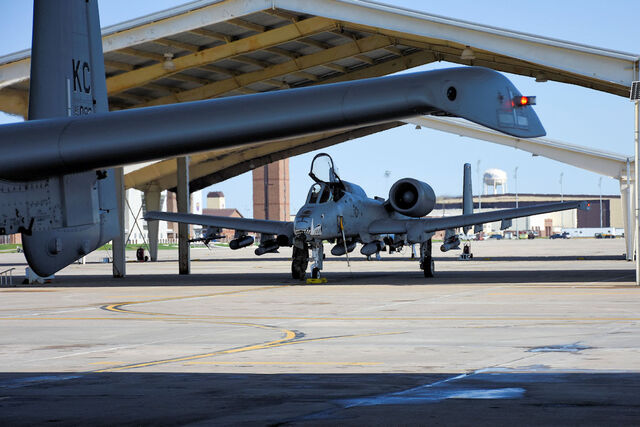 An A-10 Thunderbolt II attack aircraft waits to taxi April 9, 2021, on Whiteman Air Force Base, Mo. The jets are part of a group that went to Volk Field Air National Guard Base, Wis., for two weeks for a training exercise. (US Air Force photo by Tech. Sgt. Bob Jennings)