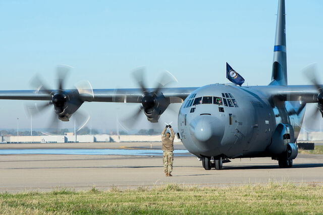 One of two new C-130J Super Hercules aircraft arrives at the Kentucky Air National Guard Base in Louisville, Ky., Nov. 6, 2021, ushering in a new era of aviation for the 123rd Airlift Wing. The state-of-the-art transports are among eight the wing will receive over the next 11 months to replace eight aging C-130 H-model aircraft, which were built in 1992 and have seen duty all over the world. (U.S. Air National Guard photo by Staff Sgt. Clayton Wear)